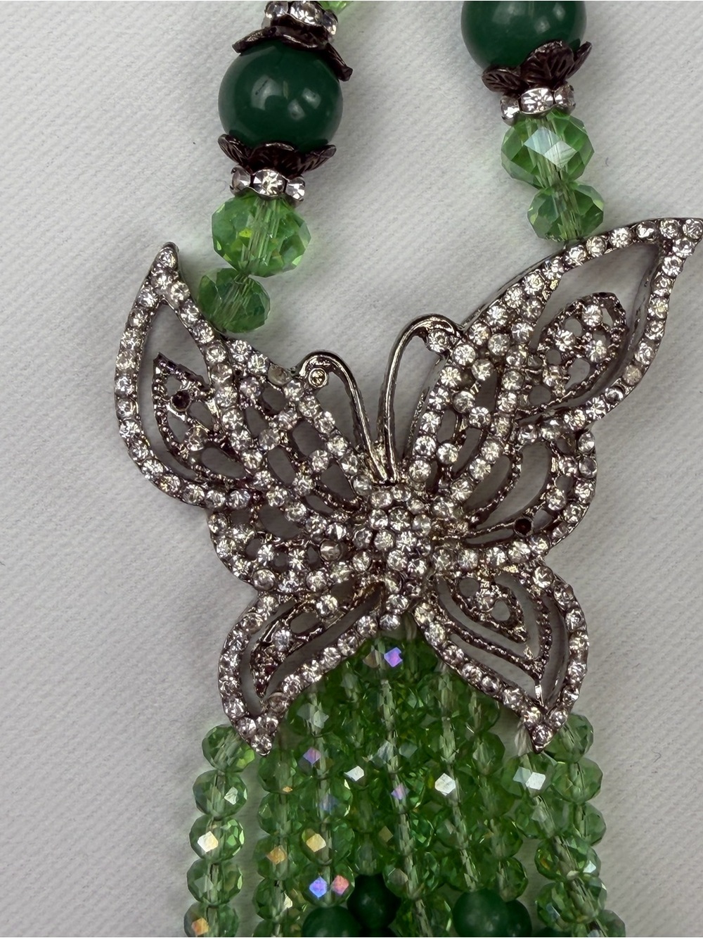 Costume Green Crystal Butterfly Tassel Necklace - Vintage retro